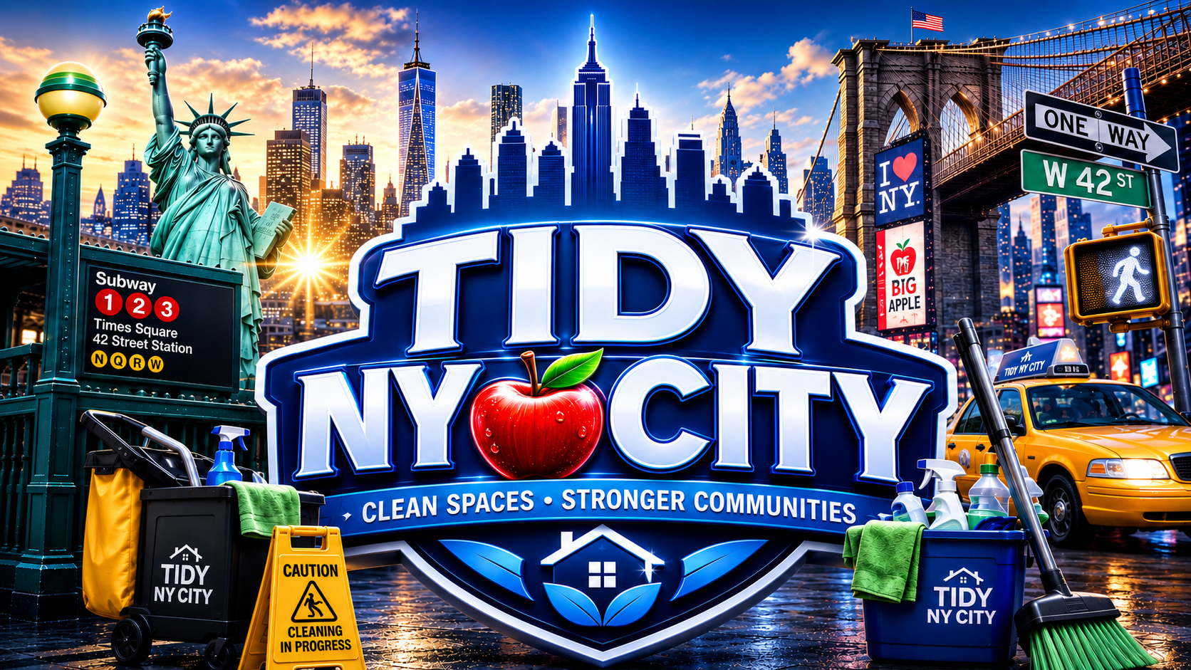 Tidy NY City welcome sign surrounded by cleaning, junk removal, landscaping, window cleaning, and home service imagery